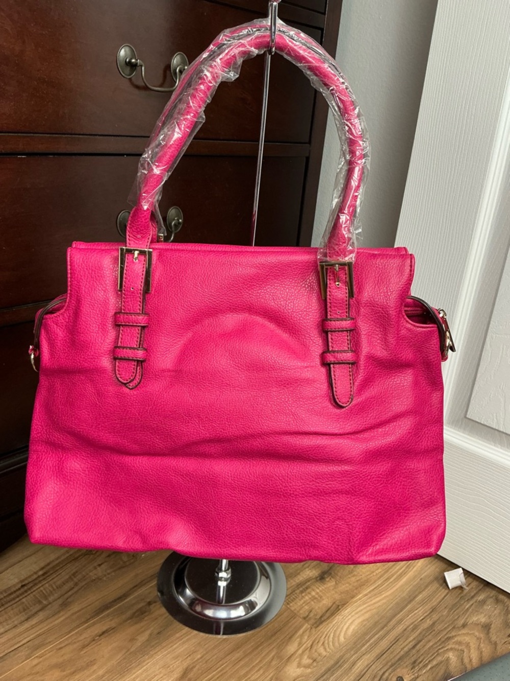 NEW Hot PINK Floral BAG Handbag TOTE Several inside pockets & zippers - Picture 4 of 7